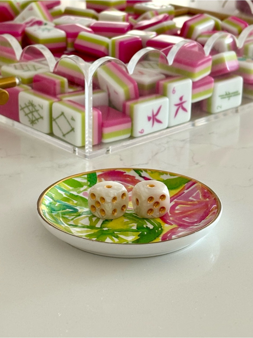 🌴 Lilly Pulitzer Pink and Green Citrus Lemon Limoncello Mahjong Tile Dice Dish